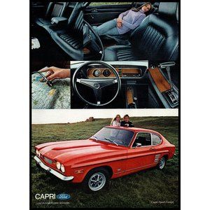 1971 Mercury Capri Coupe Sports Car Vintage Print Ad Black Leather Wall Art